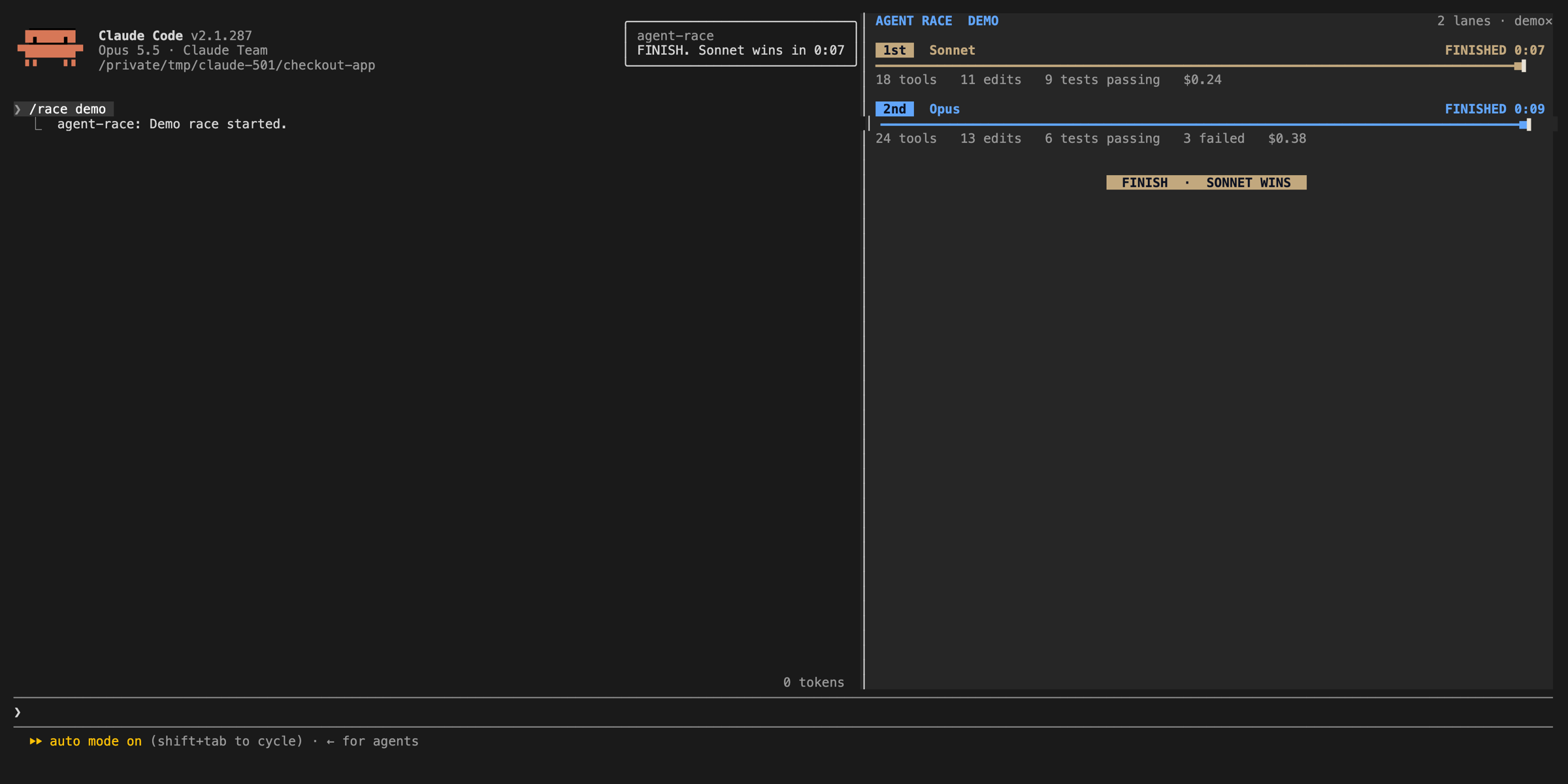 Claude Code with the agent race pane showing two model lanes finishing a task with tools, edits, tests and cost per lane