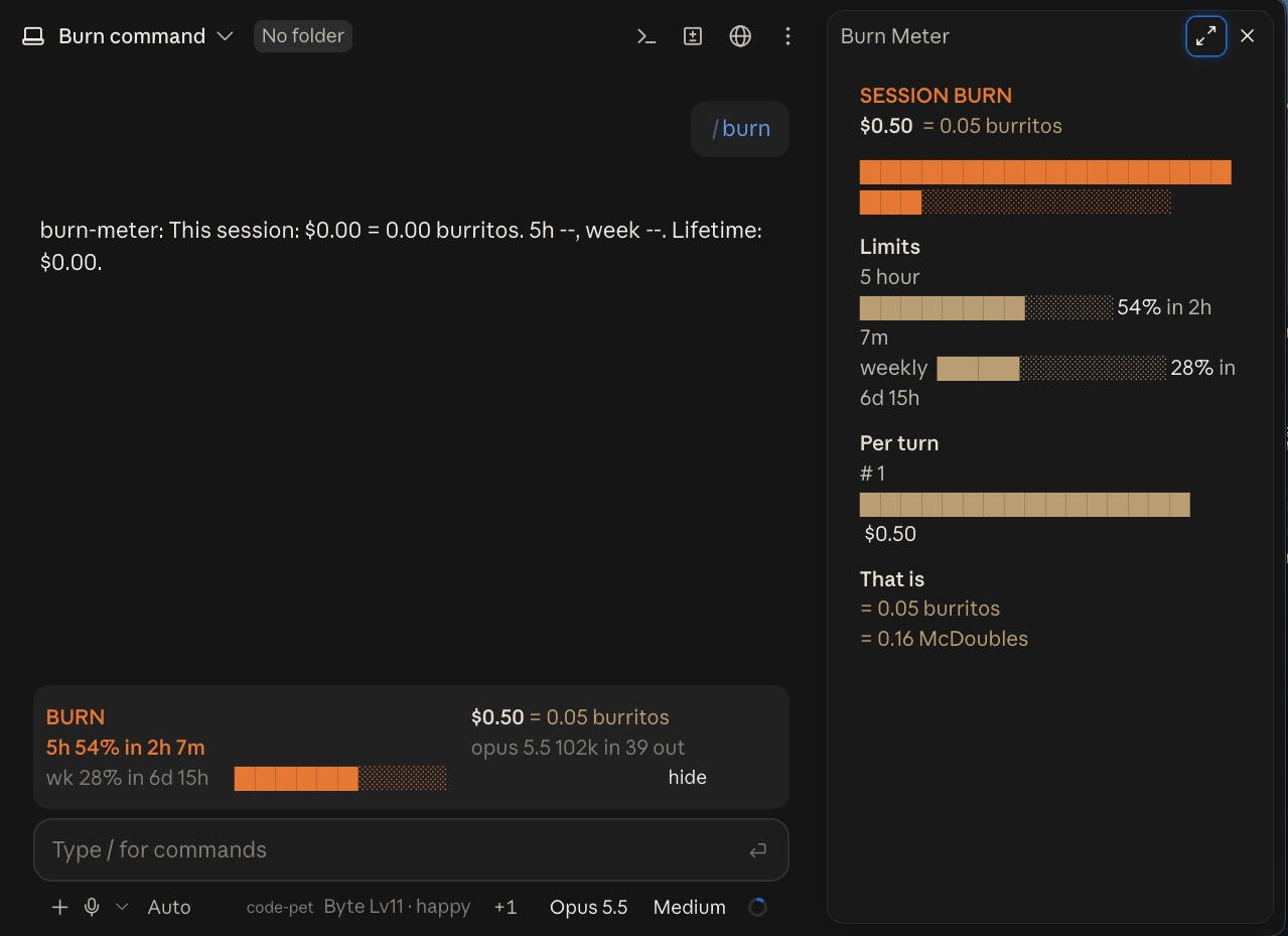 Claude Desktop Code tab running the burn-meter mod: a Burn Meter pane with spend bars and plan limits, a burn band above the prompt, and the code-pet status line
