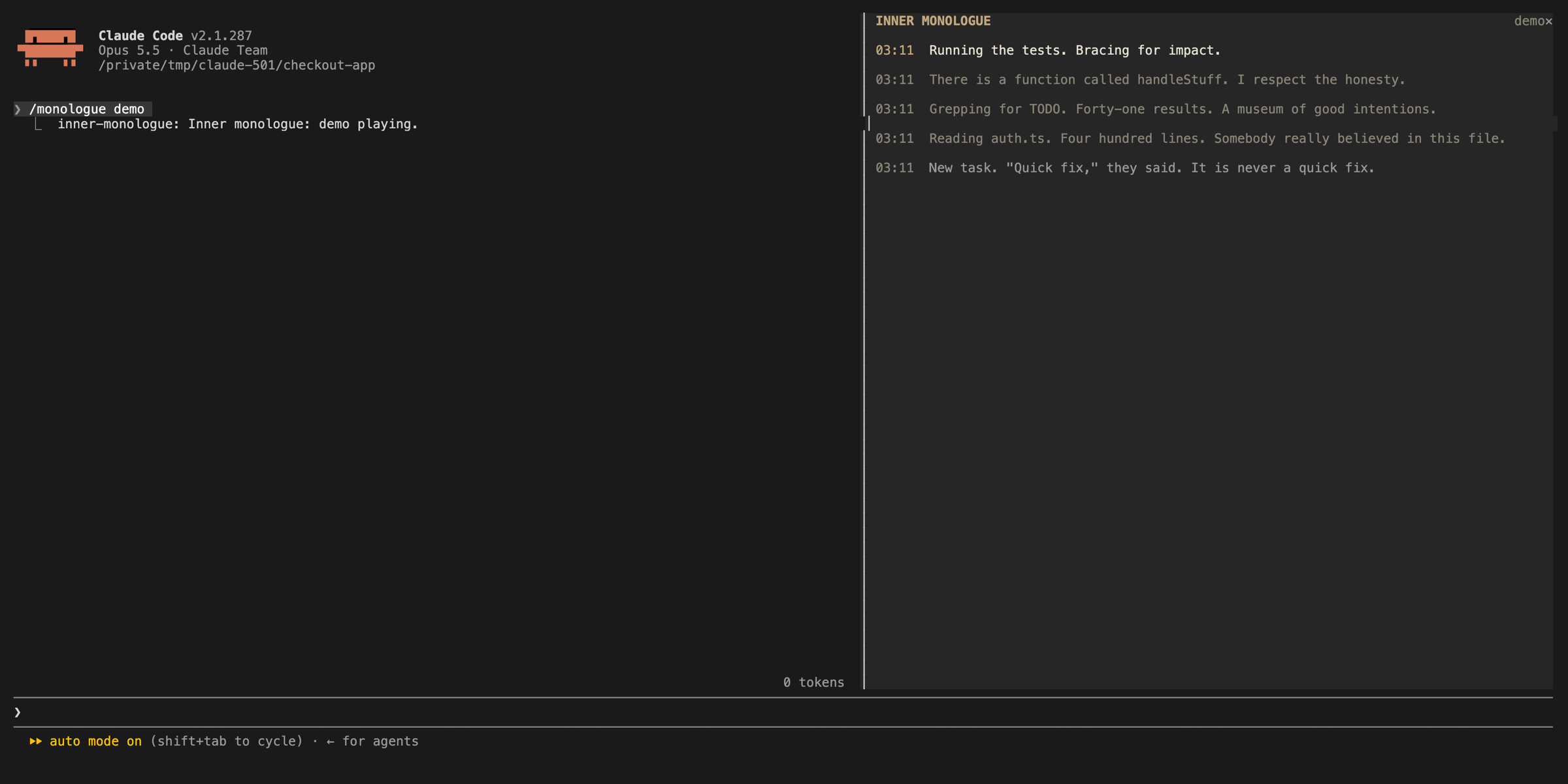 Claude Code with the inner monologue pane listing dry, timestamped thoughts about the session