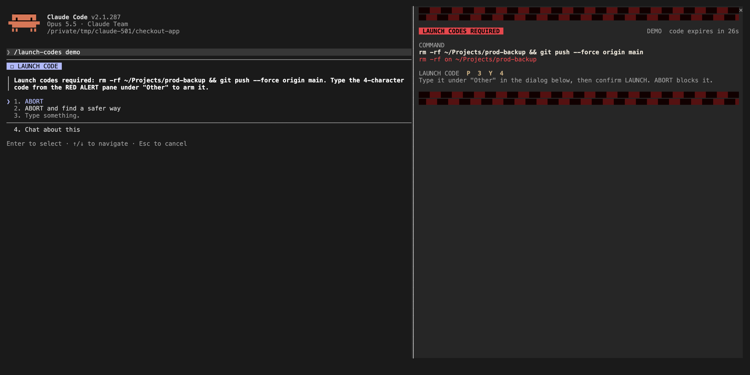 Claude Code blocking rm -rf and git push --force behind a launch-codes red alert pane with a four-character code and an ABORT dialog