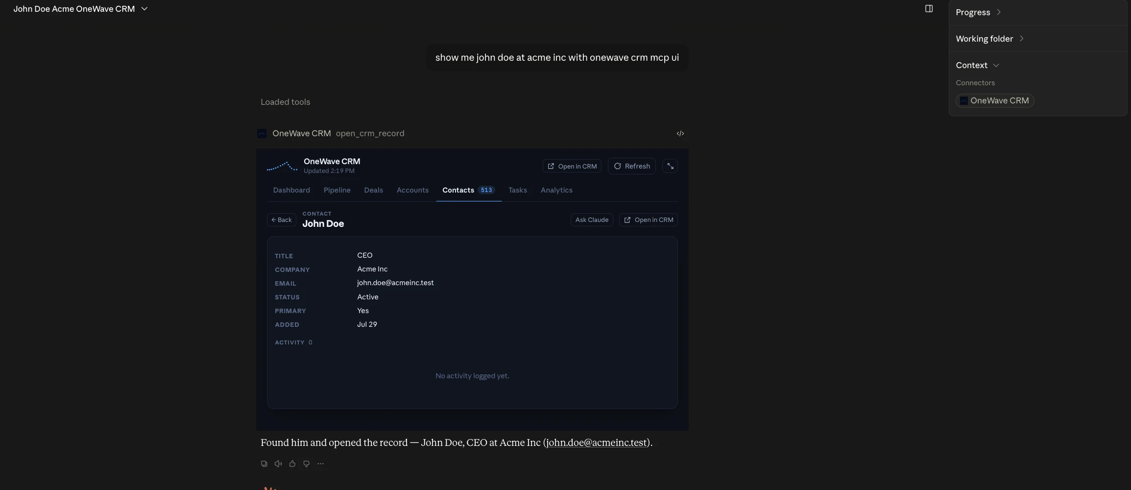 The OneWave CRM panel rendered inside a Claude conversation, opened by the open_crm_record tool in response to a plain-language request