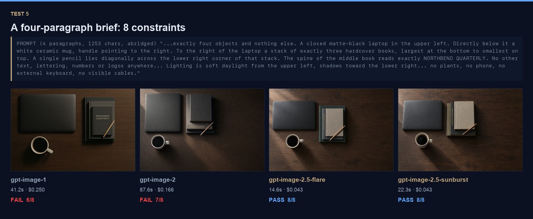 Four-way comparison of gpt-image-1, gpt-image-2, gpt-image-2.5-flare and gpt-image-2.5-sunburst rendering a four-paragraph desk flat-lay brief